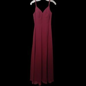 Azazie Bridesmaid Gown Wine Red Lace Back Floral Lace Maxi Front Slit Dress A2
